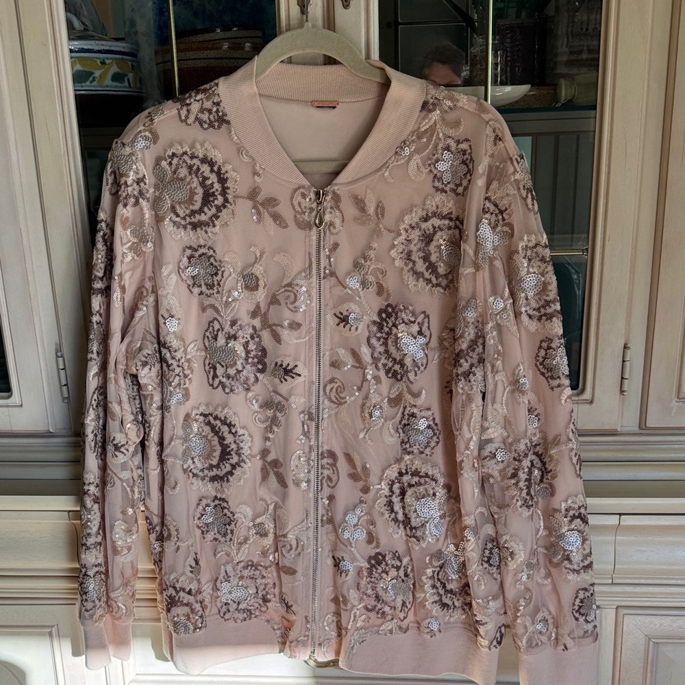 Black Label by Chicos Rose Gold Floral Bomber Jacket